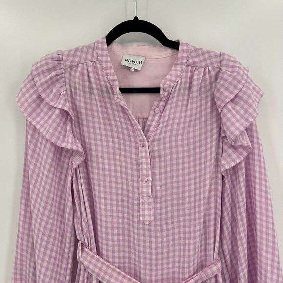 FRNCH Paris Purple White Check Gingham Ruffle Button Waist Tie Mini Dress Small - Picture 5 of 10